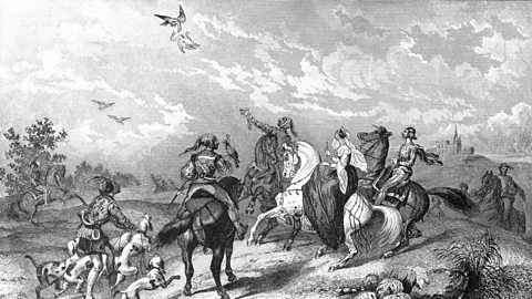 Noblemen and women hawking during a hunt