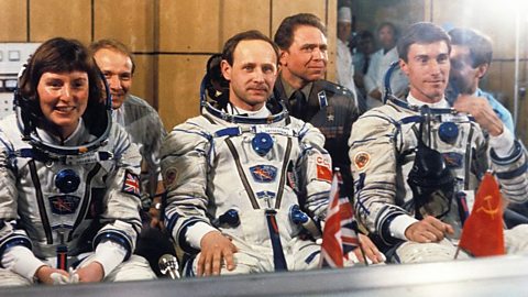 Soyuz tm-12, cosmonauts helen sharman (uk), anatoly artsebarsky, and sergei krikalev prior to launch, 1991.