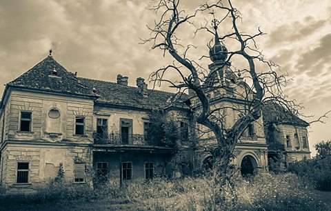 A black and white archive photo of an abandoned gothic house with a bare tree outside.