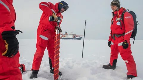 Esther Horvath/AWI Surveys of the sea ice by the scientists on the expedition have revealed it is thinner than satellite images had led them to expect (Credit: Esther Horvath/AWI)