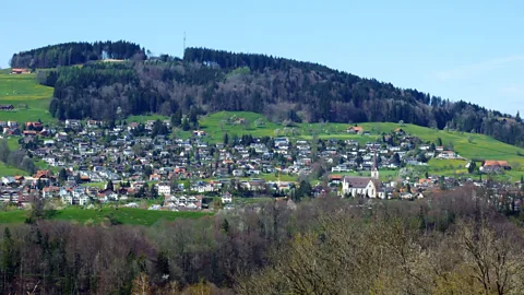 Mario Krpan/Getty Images For the past 10 years, the Swiss village of Abtwil has hosted the Scottish-themed Appowila Highland Games (Credit: Mario Krpan/Getty Images)