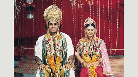 Ramanand Sagar Productions Lord Ram (Arun Govil) marries Sita (Deepika Chikhalia) after proving himself heroic in a contest against other suitors (Credit: Ramanand Sagar Productions)