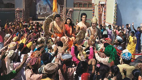 Ramanand Sagar Productions Exiled from Ayodhya, Lord Ram is taken with his brother Laxman (Sunil Lahri) and wife Sita in a chariot to the outskirts of the city (Credit: Ramanand Sagar Productions)