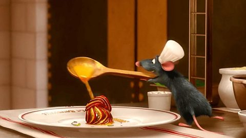 Remy the mouse serves up food in Ratatouille