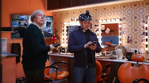 Steve Pemberton and Reece Shearsmith interact with the screens on Dead Line