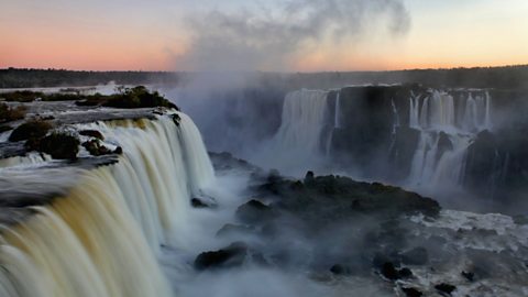 Aerial shot of the Iguazu falls on the Brazil-Argentina border.