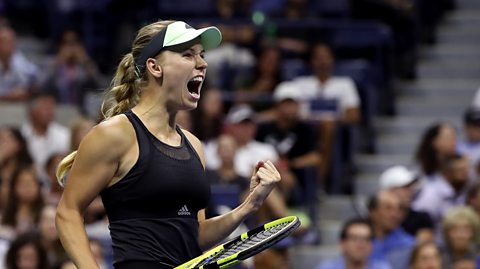 Caroline Wazniacki celebrating a victory in tennis