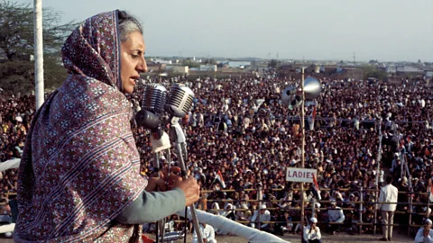 Getty Images Prime Minister Indira Gandhi addresses a rally in 1971, the same year she outlawed all hunting in India (Credit: Getty Images)