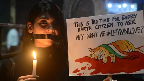 Getty Images Protestors held candlelight vigils for the tiger T-1, also known as Avni (Credit: Getty Images)