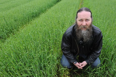 Professor Pete Smith kneeling in a rice field