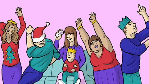 An illustration of a family playing musical statues in a living room, with mum and baby in the middle on the sofa.