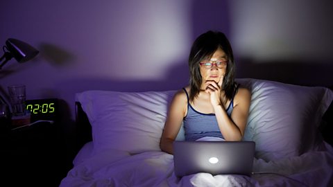 A lady sits up in bed looking at her laptop despite it being the middle of the night