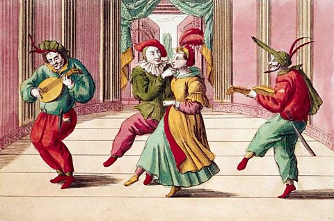 18th century engraving of Commedia dell'arte characters.