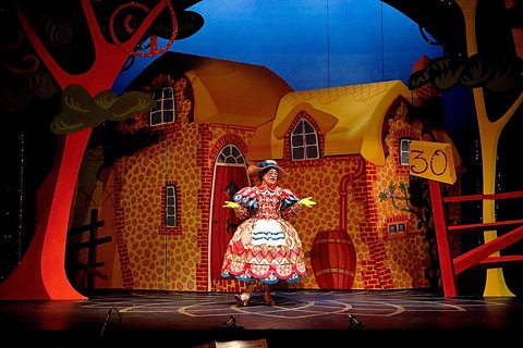 Kenneth Alan Taylor performs on stage as Dame Daisy in Jack and The Beanstalk at the Nottingham Playhouse.