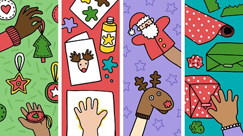 Illustration of Christmas crafts, homemade decorations, cards and sock puppets