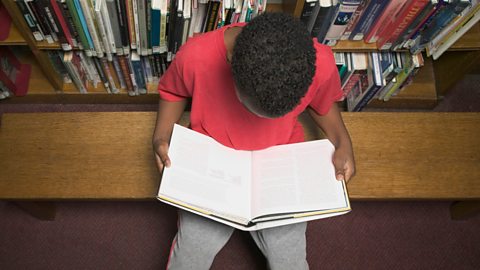 Someone reading a book in front of a shelf in a library