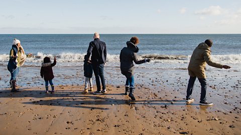 A family of 6 skipping stones on a beach