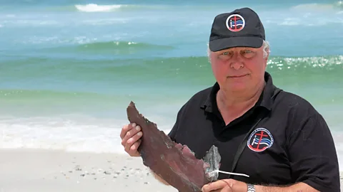 Nick Dall Bruno Werz holds a piece of copper likely from the Nieuw Haarlem's rudder (Credit: Nick Dall)