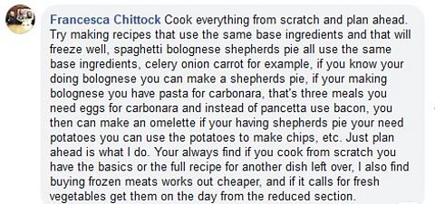 Facebook message which suggests how to plan meals using the same ingredients to save money