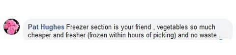 A Facebook comment stating that to save money on your food shop you should buy from the freezer section as it's cheaper and cuts down on food waste.