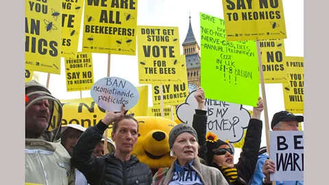 Alamy Hamnett and Vivienne Westwood take part in a protest in London against pesticides that harm bees (Credit: Alamy)