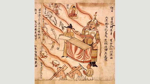 British Library Board This 10th-Century scroll illustrates the Sutra of the Ten Kings, describing ten stages during the transitory phase following death (Credit: British Library Board)