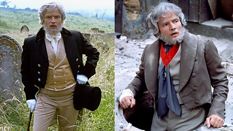 Jean Valjean, from Les Miserables, stands on the left in a field wearing a pristine suit and sits on the right in an open manhole cover with his suit, hair and make-up dirty and worn.