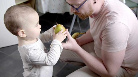 A little girl choosing out of a pear and banana offered by her dad.