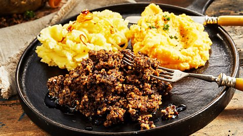 A traditional Scottish dish of haggis and neeps & tatties.