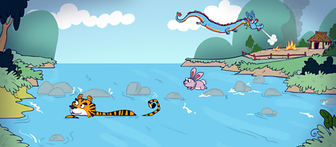 The tiger swims across the river while the rabbit hops across some rocks. The dragon puts out a fire in the background.