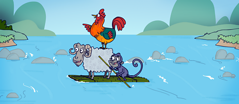 The sheep, rooster and monkey ride together on a raft across the river.