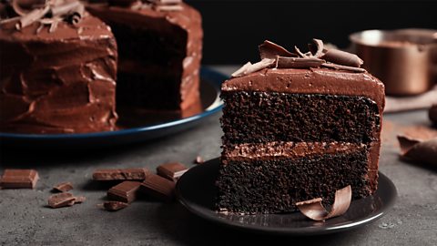 A photo of a slice of chocolate cake on a plate next to the rest of the cake.