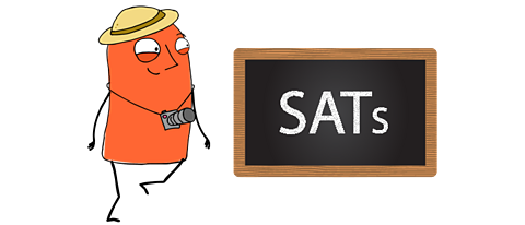 Orange explorer character next to a chalk board which says the word SATs