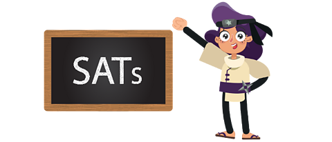 Young woman in ninja gear character next to a chalk board which says the word SATs