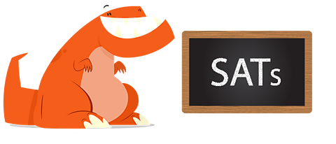 Orange dinosaur character next to a chalk board which says the word SATs