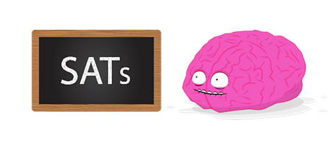 Brain character next to a chalk board which says the word SATs