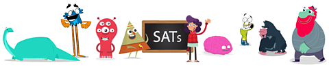 Lots of Bitesize characters waving and smiling next to a chalk board which says the word SATs