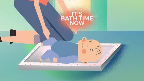 A cartoon image of a baby on a changing mat with text saying 'It's bath time now' - meant to represent their mother's voice.