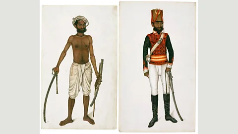 David Collection, Copenhagen Left: Kala after Killing a Tiger; Right: Kala in the Uniform of Skinner’s Horse (1815-1816), by an artist in the circle of Ali Khan (Credit: David Collection, Copenhagen)