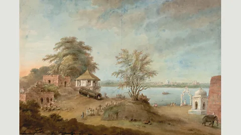 British Library Sita Ram’s The Great Gun of Agra Beneath the Shah Burj (1815); in the background, across the river, the Taj Mahal can be seen (Credit: British Library)