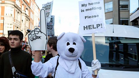 An environmental campaigner in London wearing a polar bear costume during a protest to highlight climatic and ecological issues.