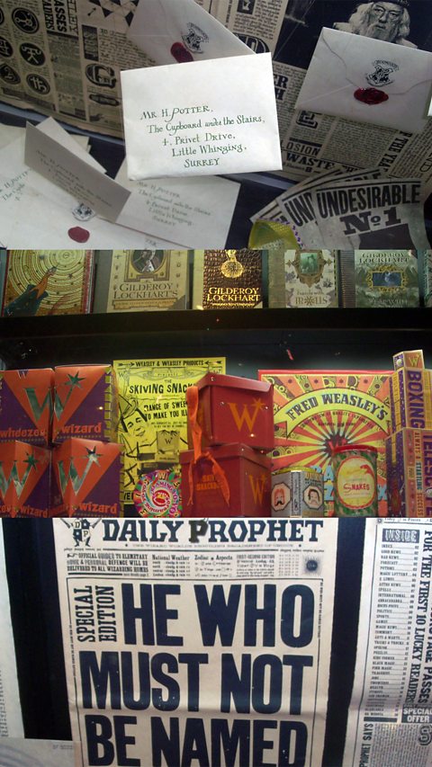 Examples of MinaLima's work, including Harry Potter's Hogwarts school acceptance letter.