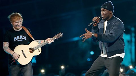 Ed Sheeran and Stormzy performing together.