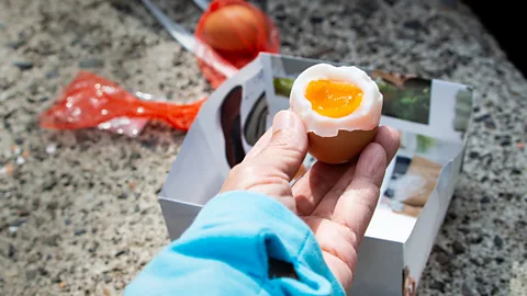 Janice Chen/Getty Images Poached eggs, known as "onsen tamago", is one of the most common things to cook in Yunomine's hot spring (Credit: Janice Chen/Getty Images)