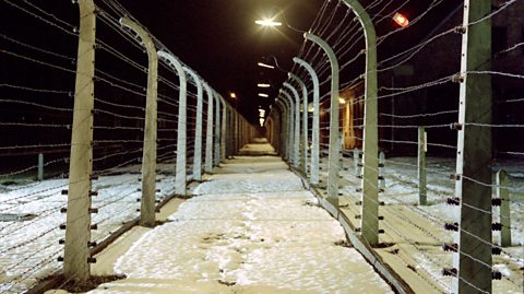 A view from inside the barracks of Auschwitz. There is a long stretch of brick buildings and barbed wire fences, with snow on the ground.