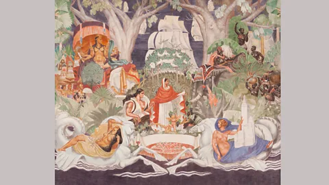 Palais de la Porte Dorée/ Pascal Lemaitre The mural in the exhibition venue, Palais de la Porte Dorée, which Louboutin used to visit as a child