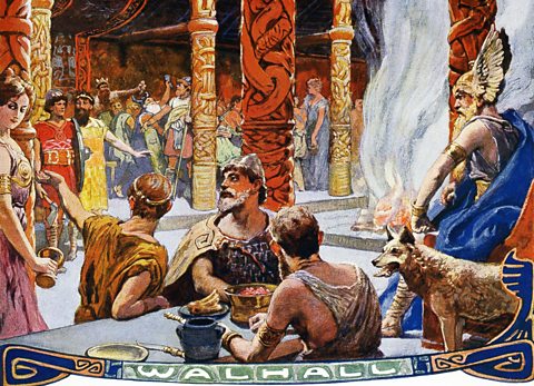 A depiction of Odin and fallen Viking warriors in the great hall at Valhalla.