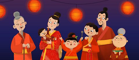 The villagers wear red with lanterns, drums and food on Chinese New Year.