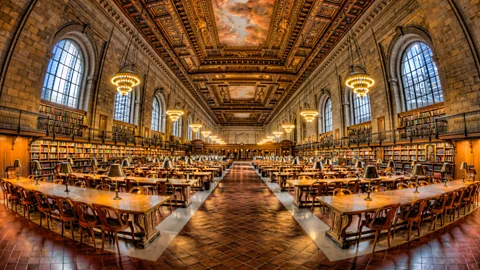 Alamy The Rose Reading Room features a painted ceiling that depicts cherubs frolicking among the clouds (Credit: Alamy)