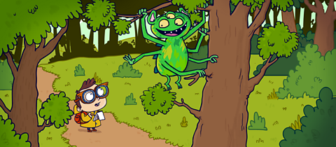 Fred sees a green monster in a tree.